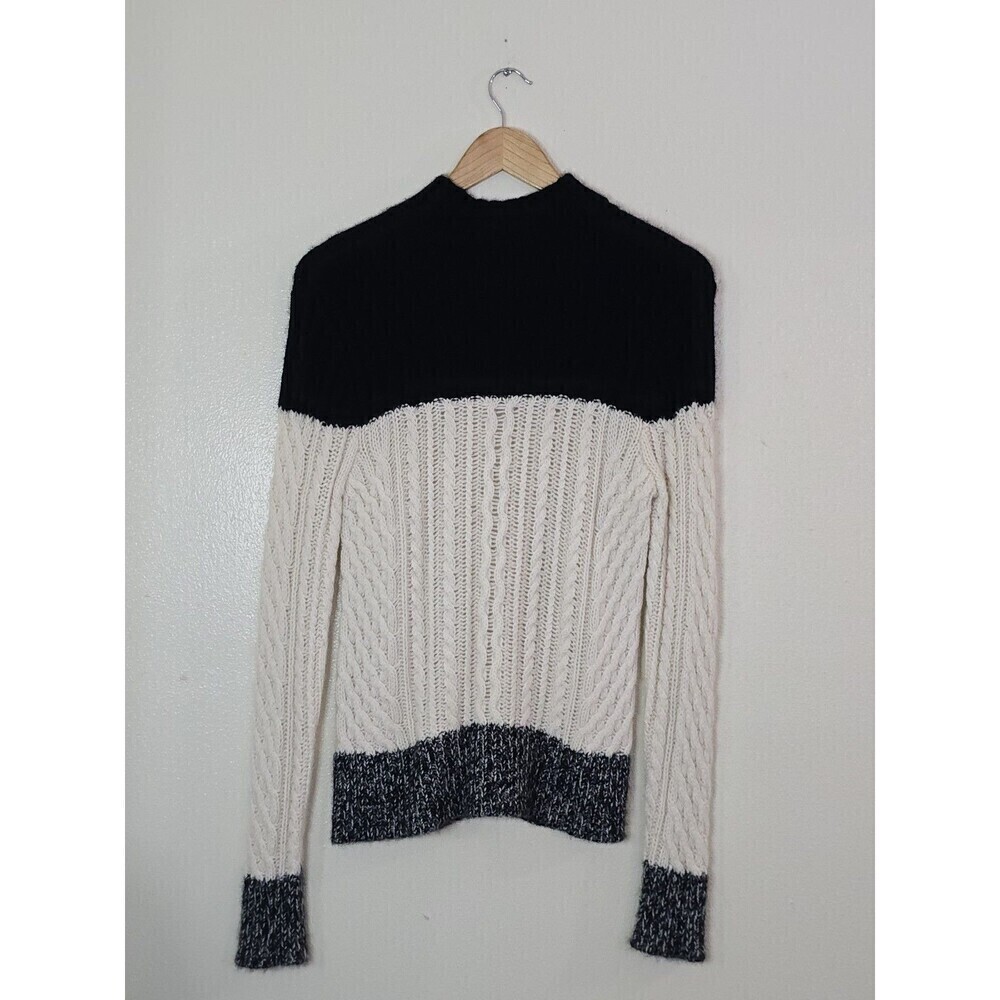 AQUA Cashmere Black Cream Colorblock Cable Knit Turtleneck Sweater Medium - Picture 7 of 10
